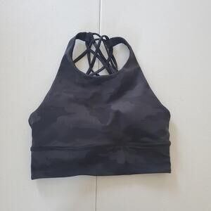 Lululemon Sports Bra Womens 4 Black Camo Strappy Back High Neck Yoga Activewear